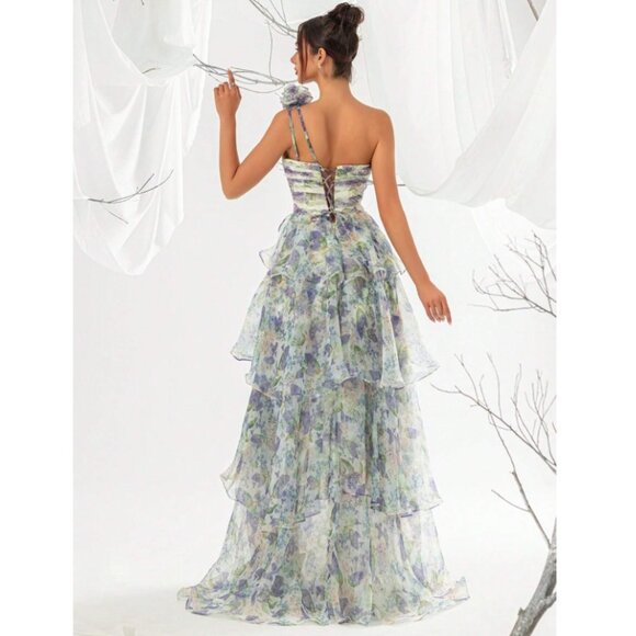 ANEWSTA Women Floral Print One Shoulder Ruffle Trim Petal Hem Evening Gown NWT - Picture 2 of 14